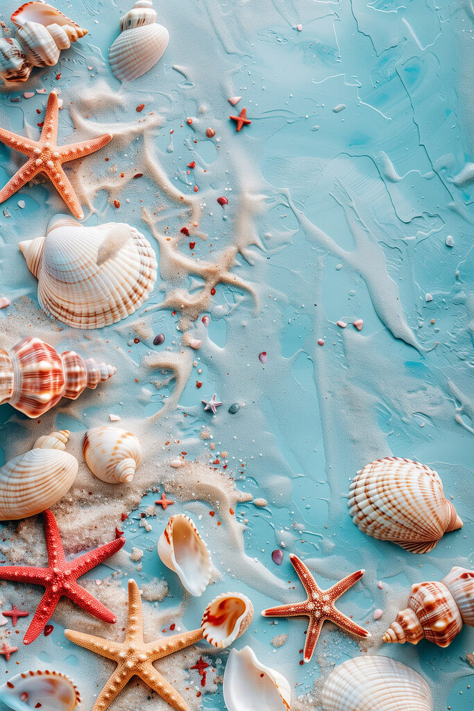 A group of seashells and starfish on a blue surface