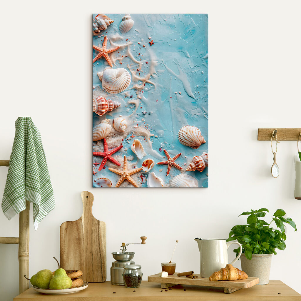A group of seashells and starfish on a blue surface