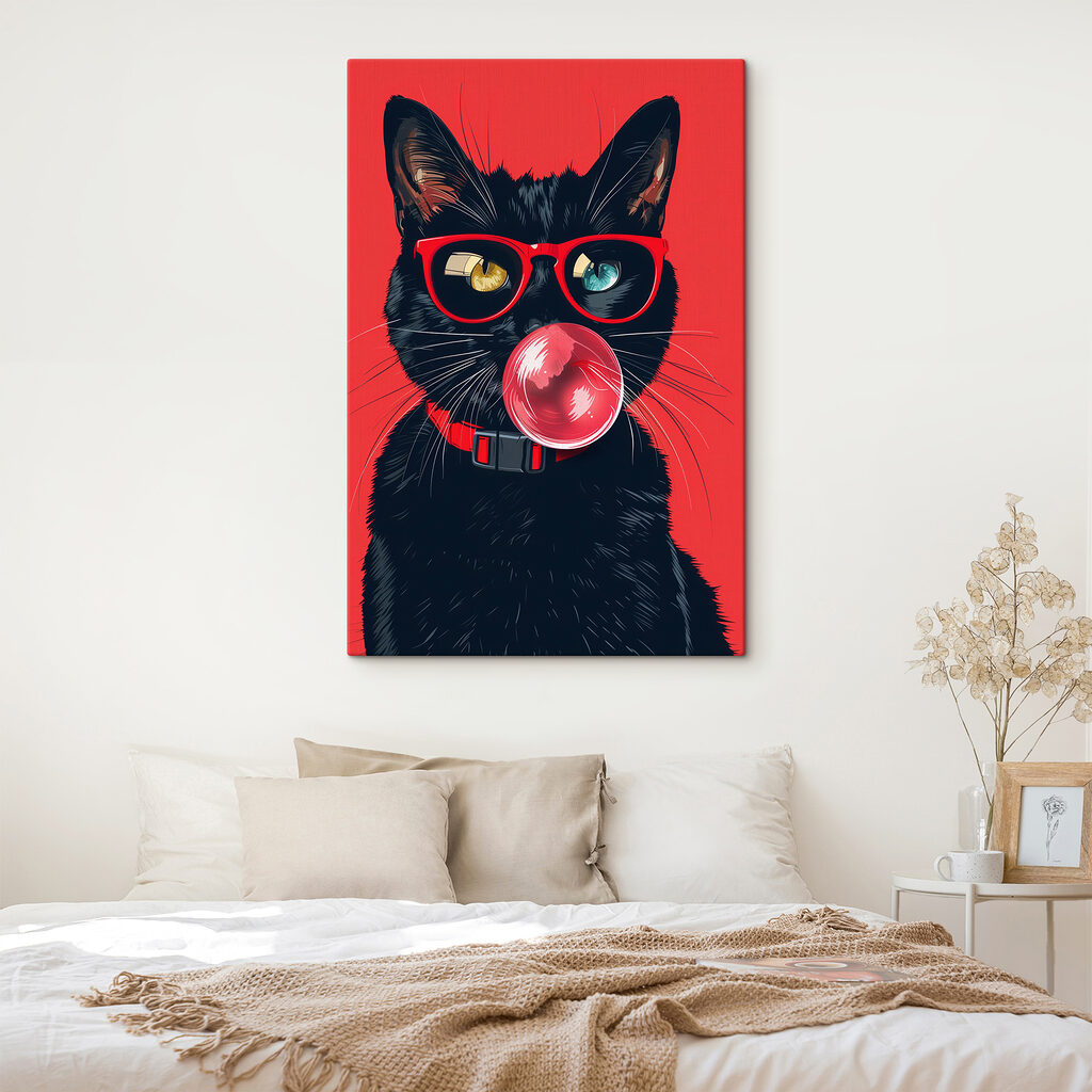 A cat wearing sunglasses and chewing gum