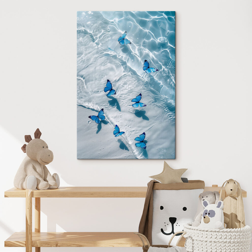 A group of blue butterflies floating on water A group of blue butterflies floating on water