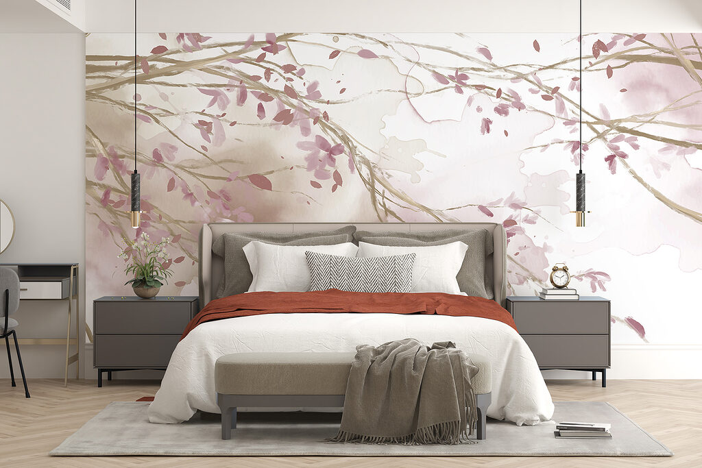 Watercolor of a tree branch with pink flowers