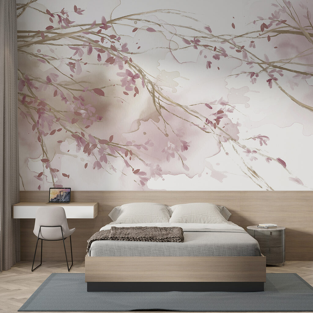 Watercolor of a tree branch with pink flowers