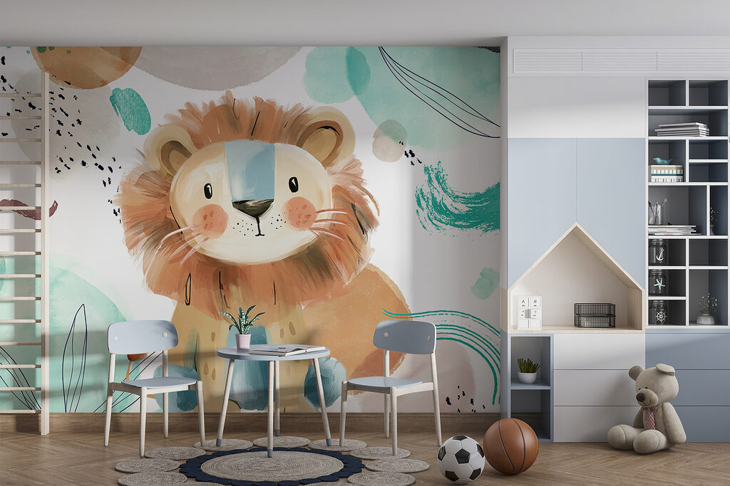 Cartoon lion with blue and white spots