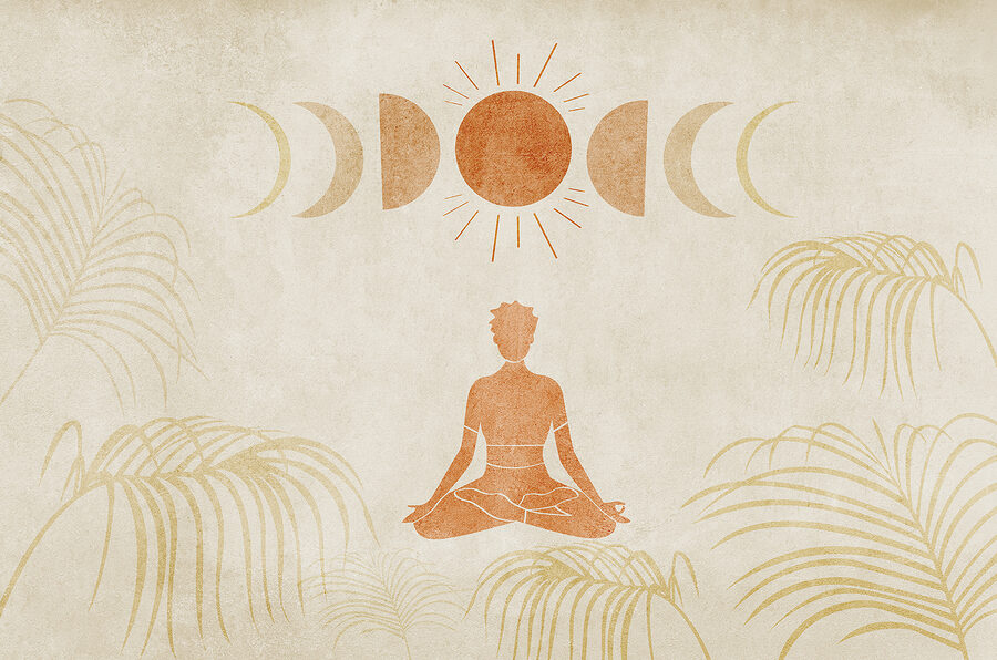 Rajz egy meditáló személyről egy mező közepén