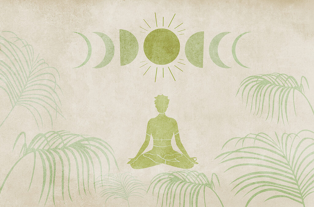 Drawing of a person sitting in a lotus position surrounded by plants