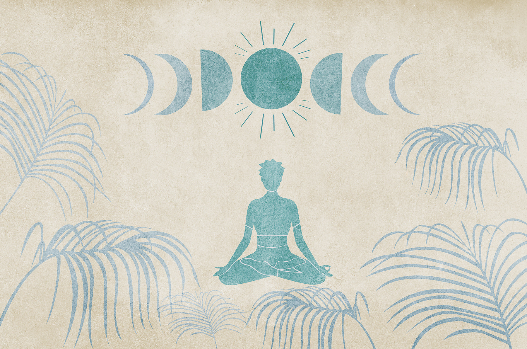Drawing of a person sitting in a lotus position surrounded by plants
