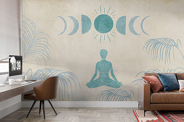 Drawing of a person sitting in a lotus position surrounded by plants
