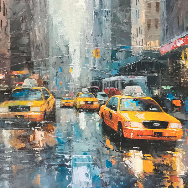 Painting of a street with yellow taxi cabs Painting of a street with yellow taxi cabs
