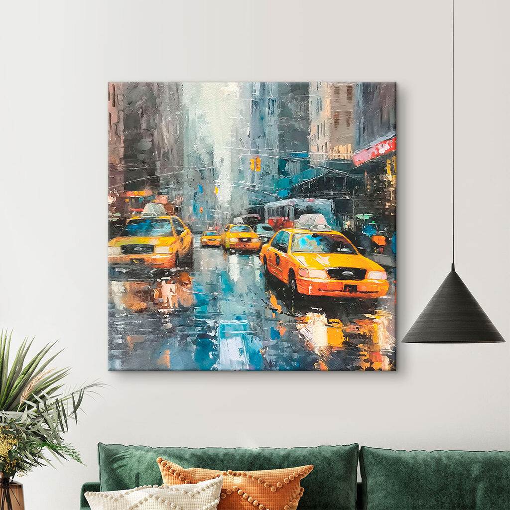 Painting of a street with yellow taxi cabs Painting of a street with yellow taxi cabs