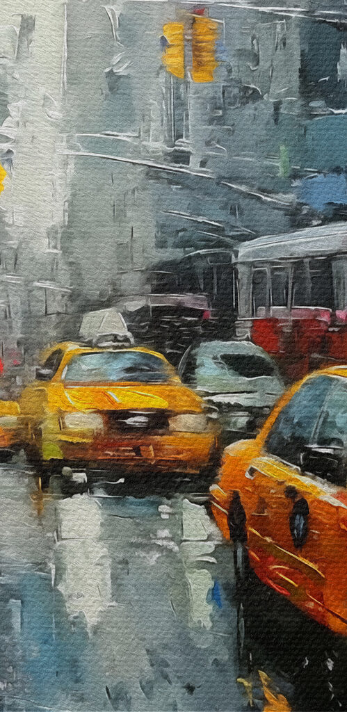 Painting of a street with yellow taxi cabs Painting of a street with yellow taxi cabs