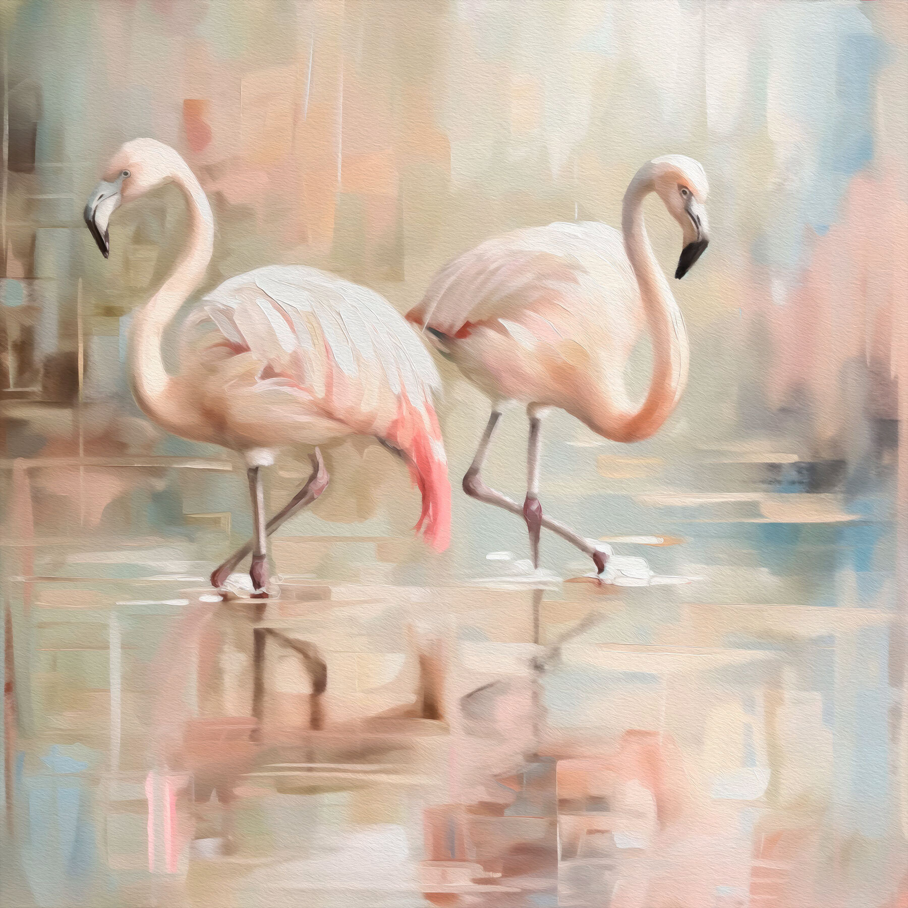 Two flamingos walking on water Two flamingos walking on water