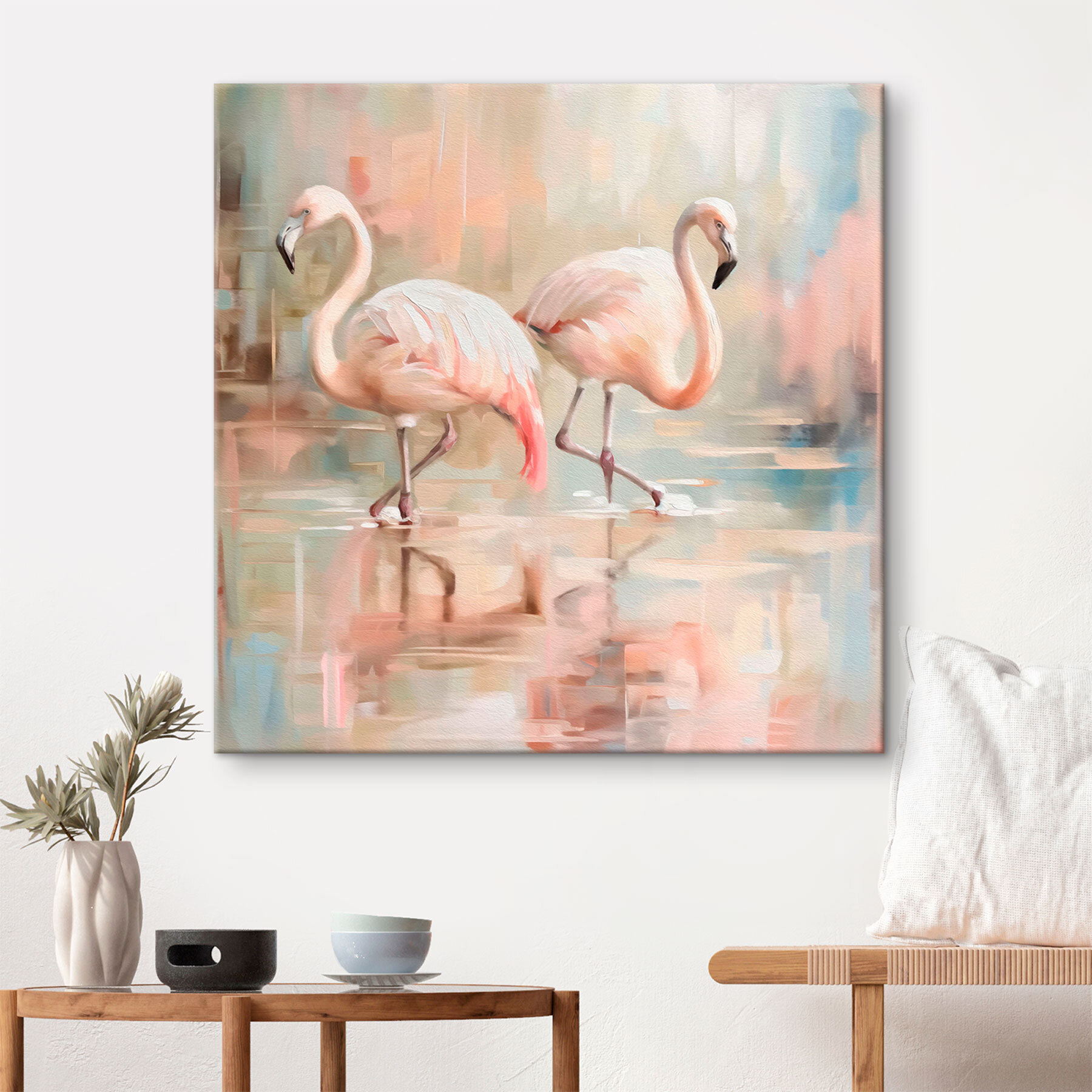 Two flamingos walking on water