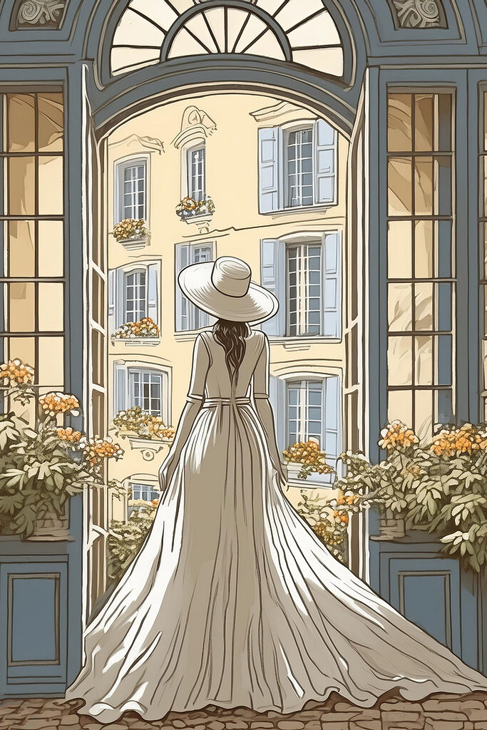 Woman in a dress and hat looking out a window