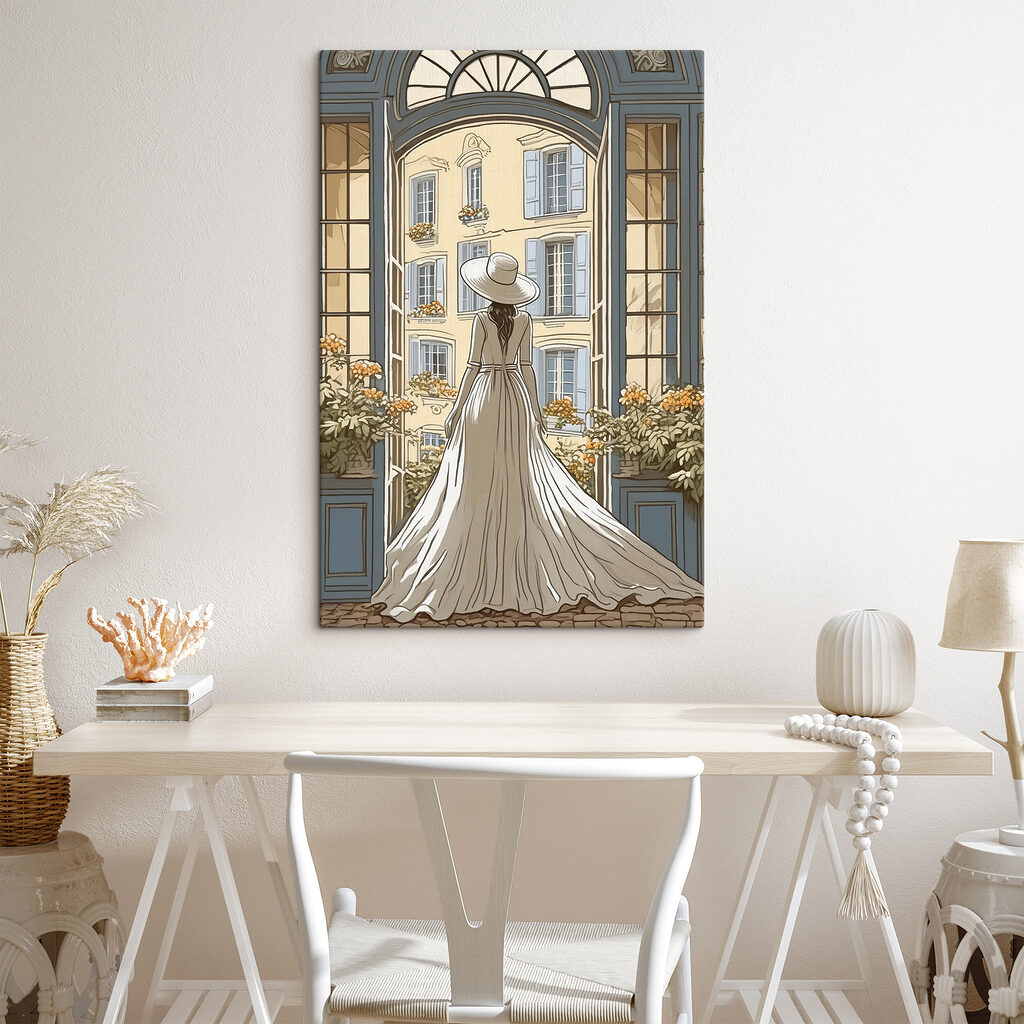 Woman in a dress and hat looking out a window