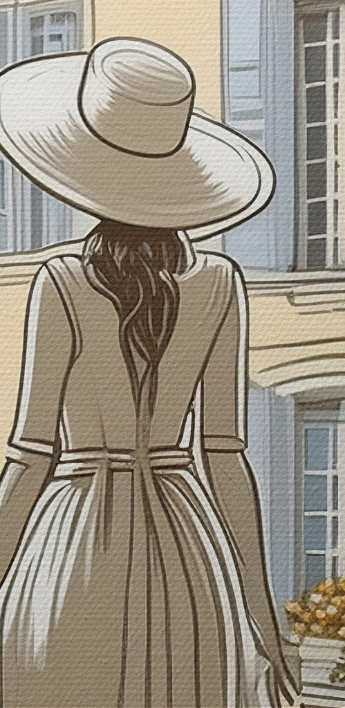 Woman in a dress and hat looking out a window