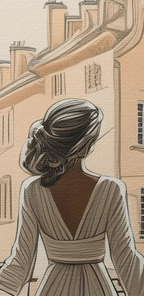Woman in a white dress looking out a window