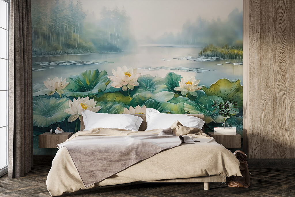 Painting of a pond with white flowers and green leaves