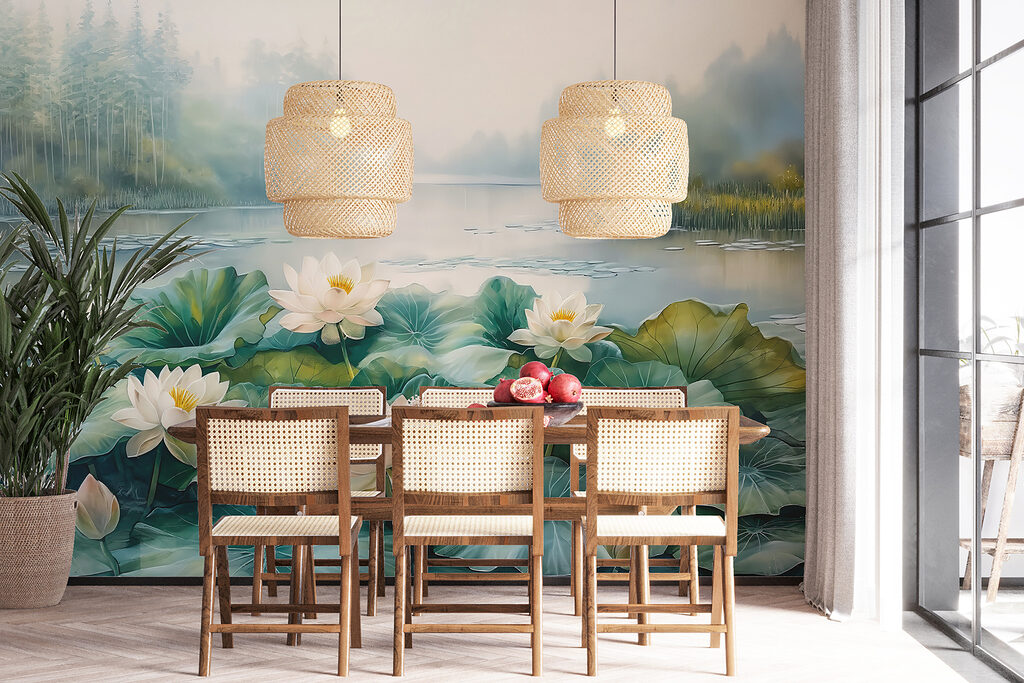 Painting of a pond with white flowers and green leaves