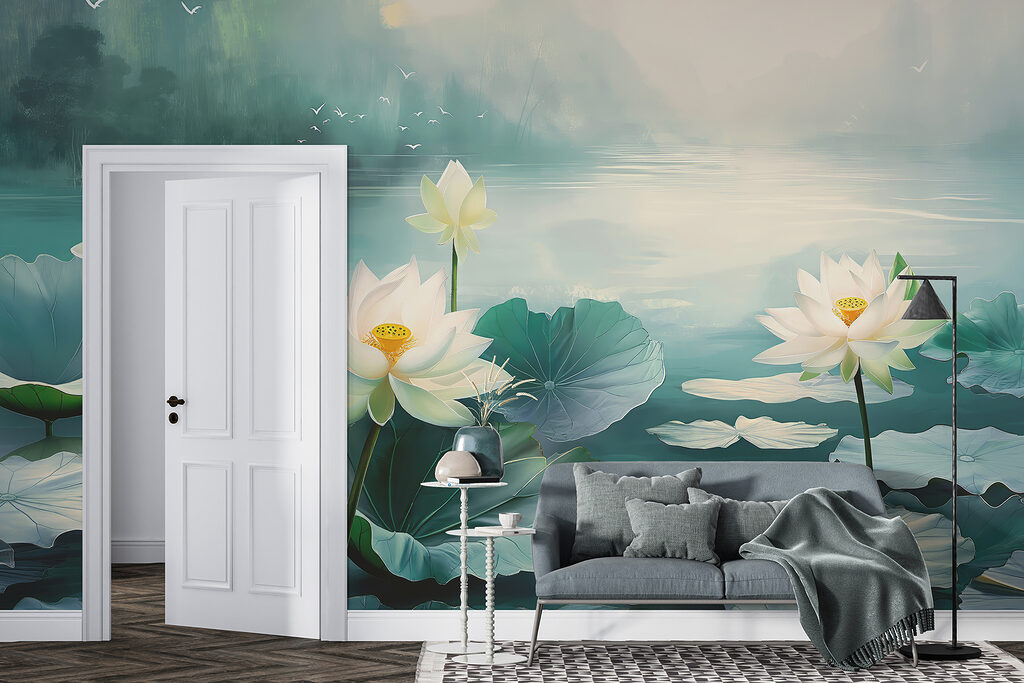 Painting of white flowers and leaves on water