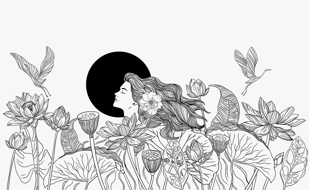 Woman with long hair and flowers