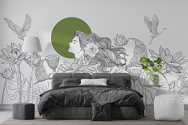 Drawing of a woman with long hair and flowers