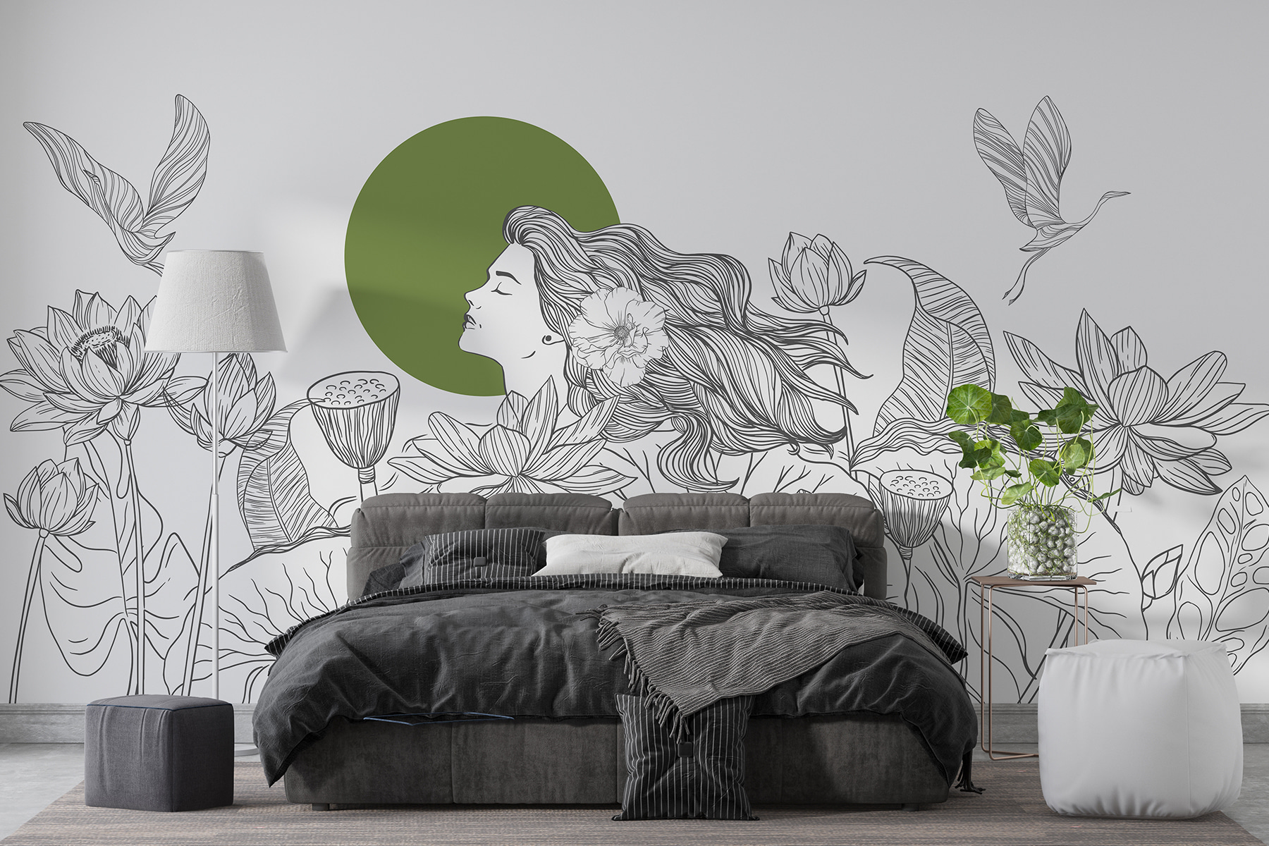 Drawing of a woman with long hair and flowers