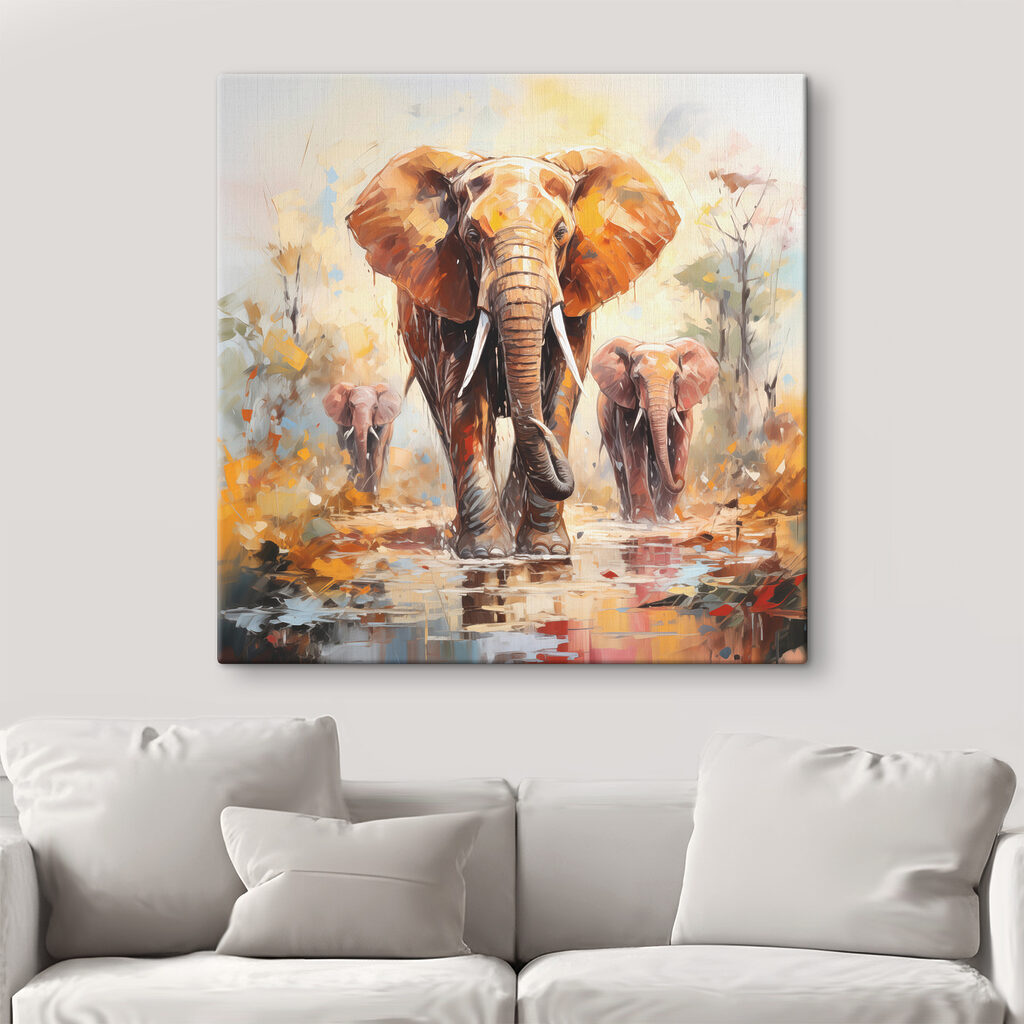 Group of elephants walking through water