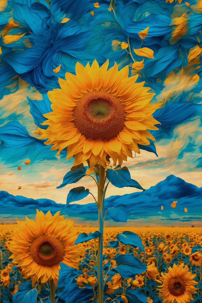 Sunflower with blue and yellow leaves Sunflower with blue and yellow leaves