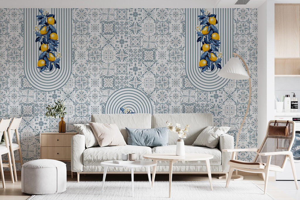 Pattern of fruit on a white and blue background Pattern of fruit on a white and blue background