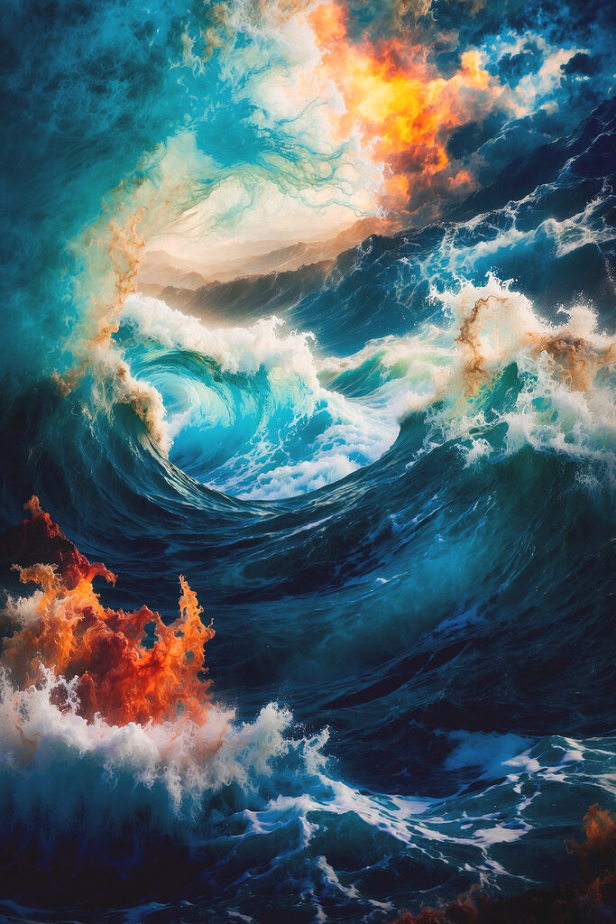 Large waves with fire and smoke