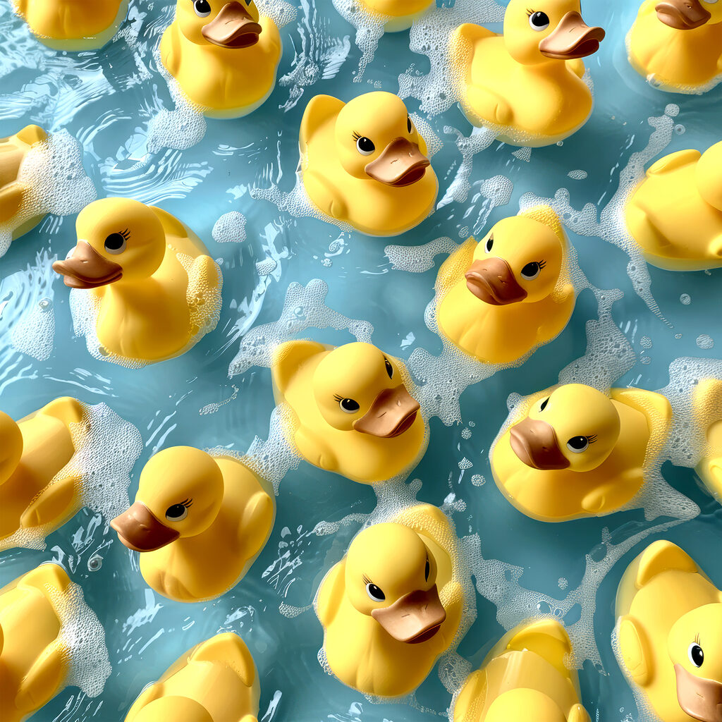 Group of yellow rubber ducks in a pool