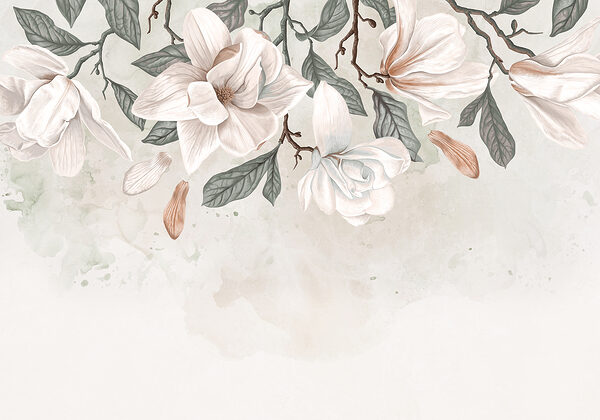 White flowers and leaves on a white background White flowers and leaves on a white background