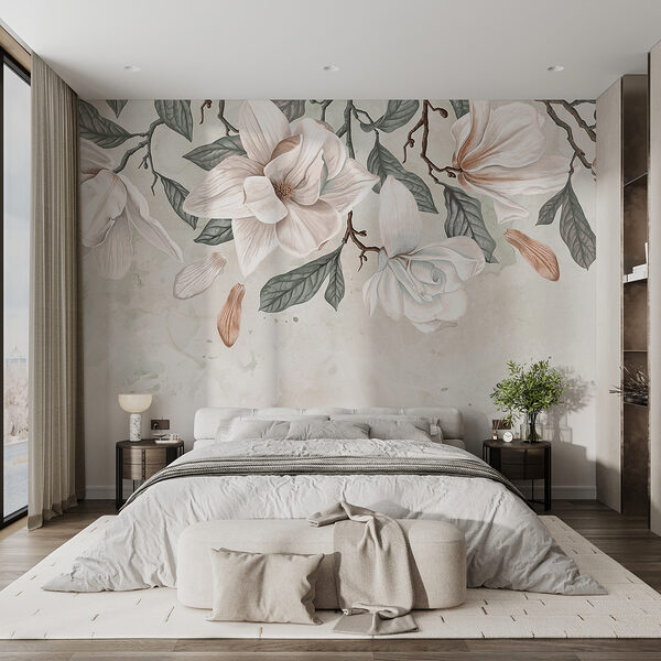 Fotótapéta Fotótapéta Fehér virágok és levelek fehér háttéren (Cikkszám: w07977)