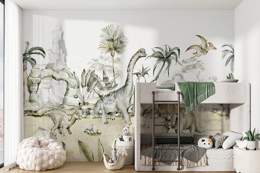 Watercolor of dinosaurs and plants