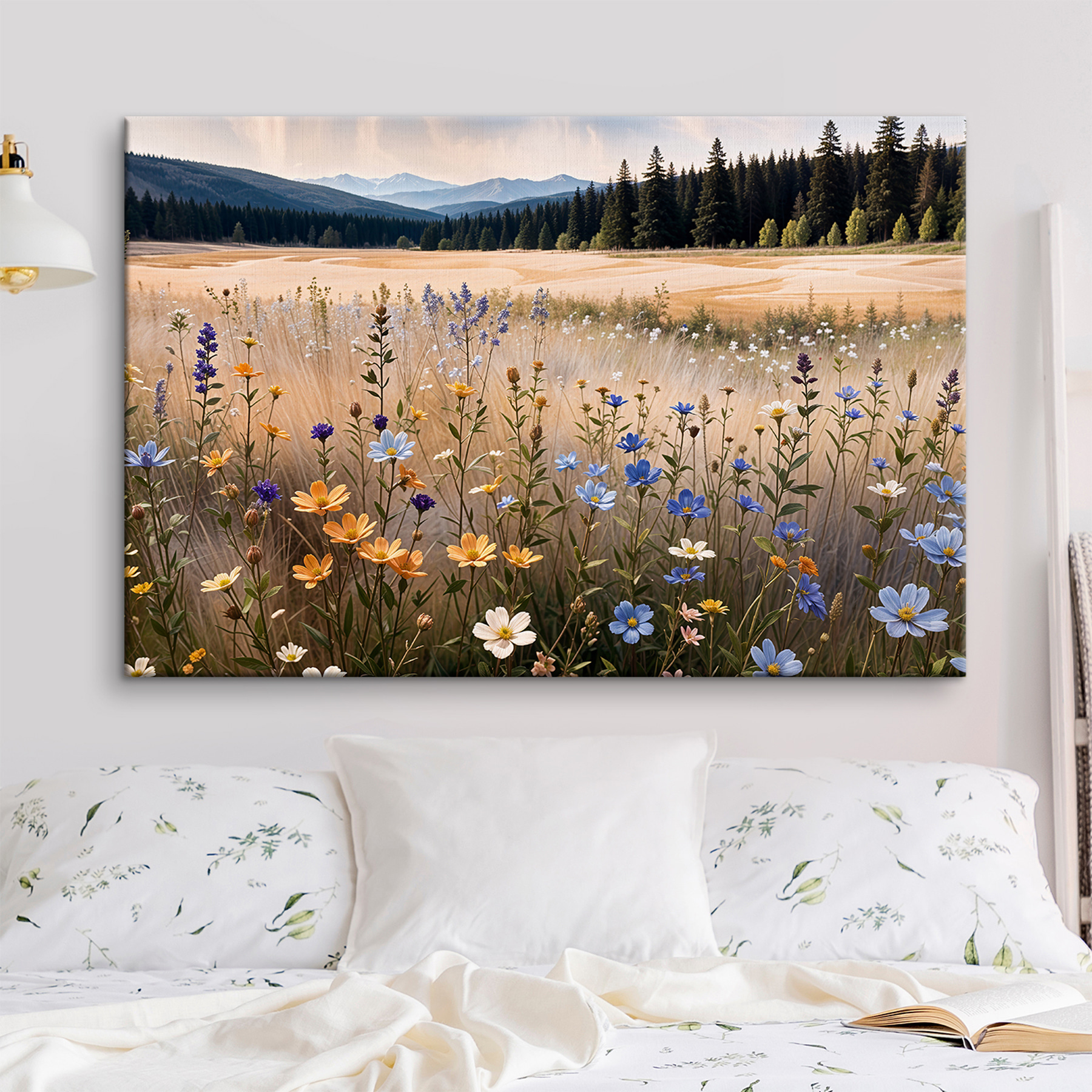 Field of flowers with trees in the background