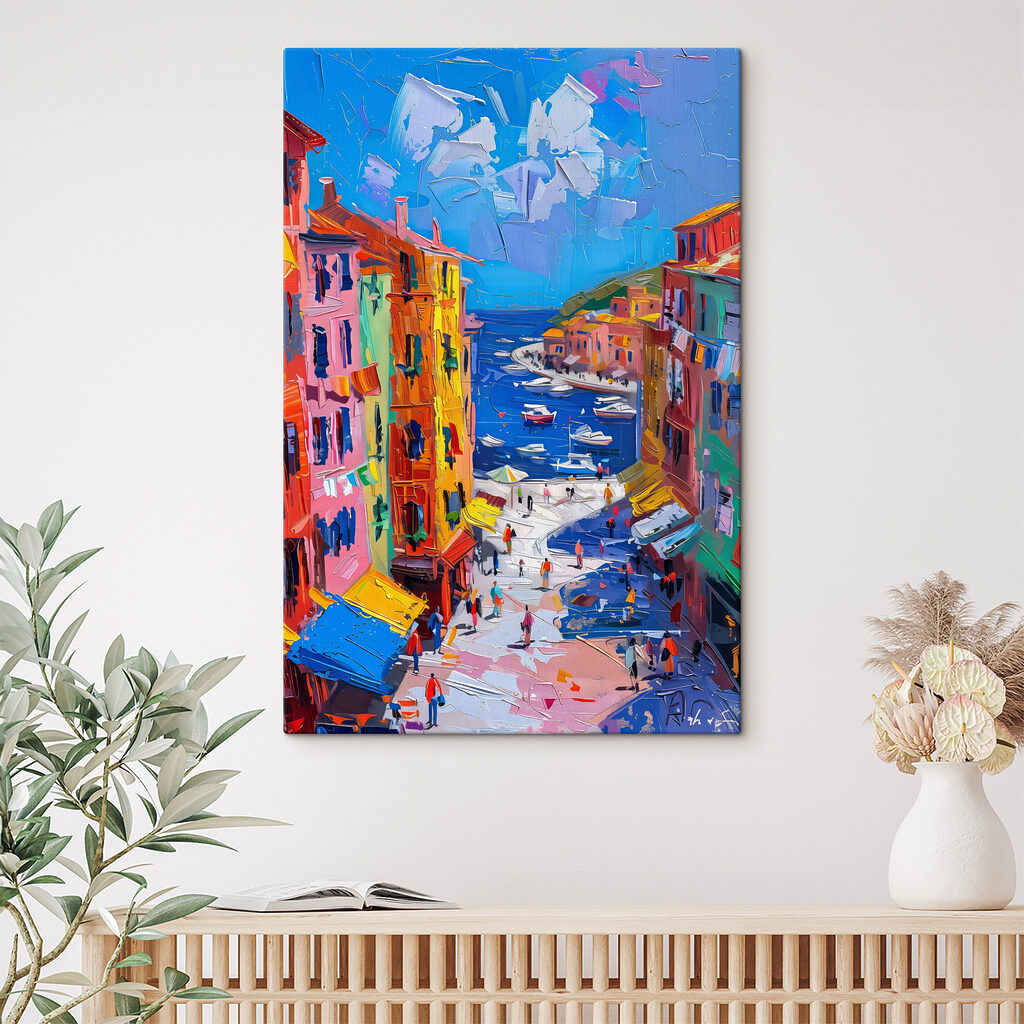 Painting of a city with boats and people