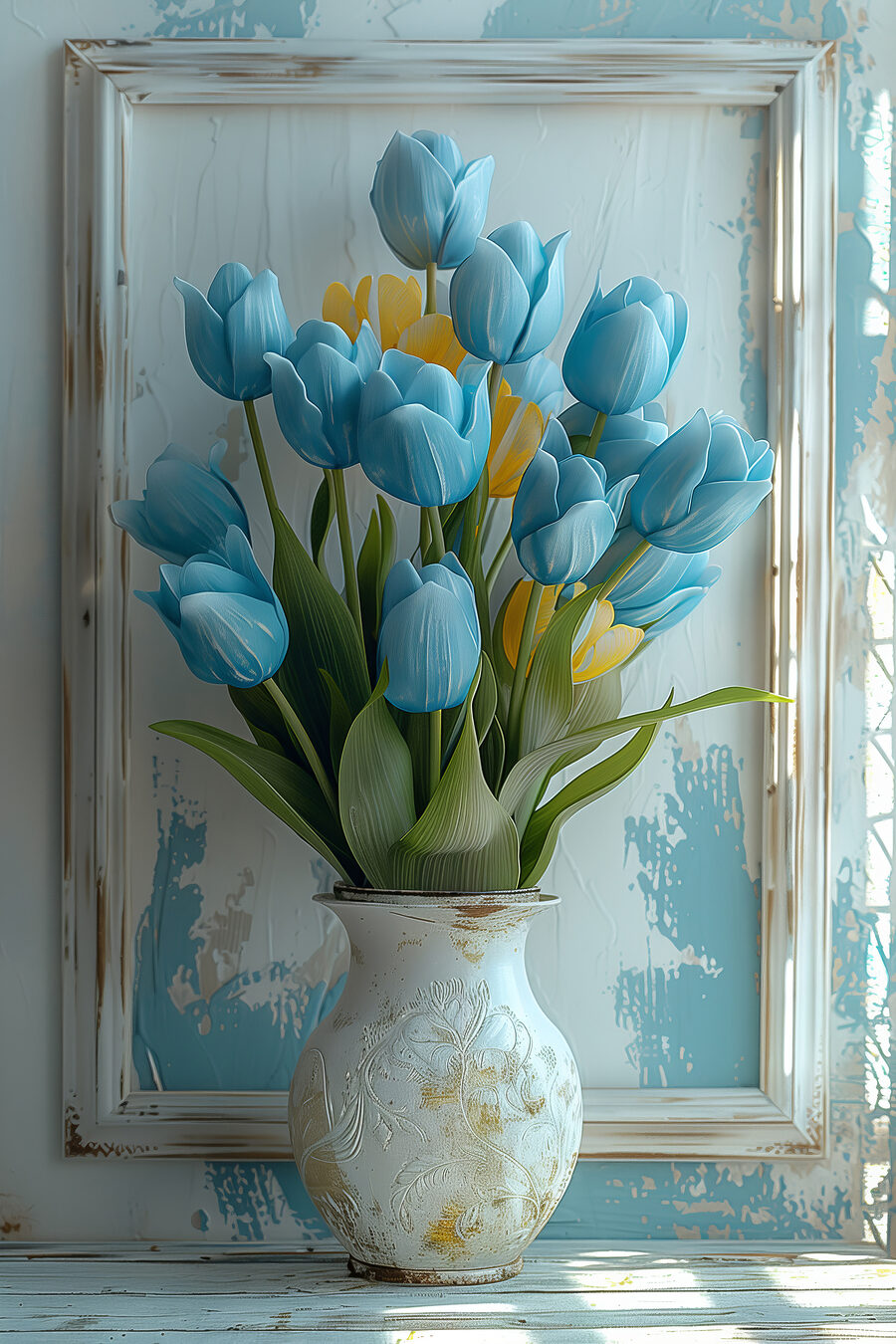 Váza kék és sárga tulipánokkal