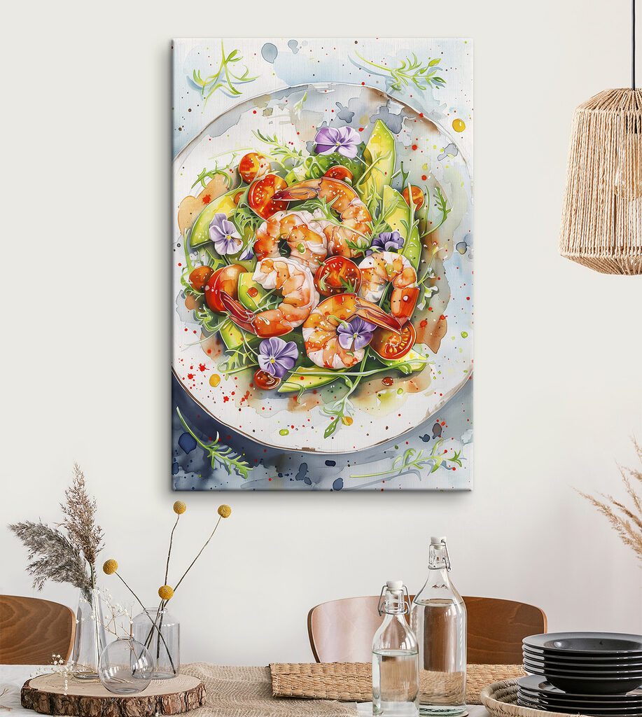 Watercolor painting of a plate of shrimp and avocado Watercolor painting of a plate of shrimp and avocado