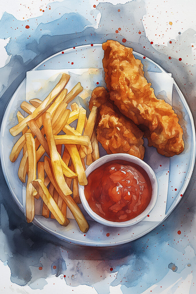 Plate of chicken strips and fries