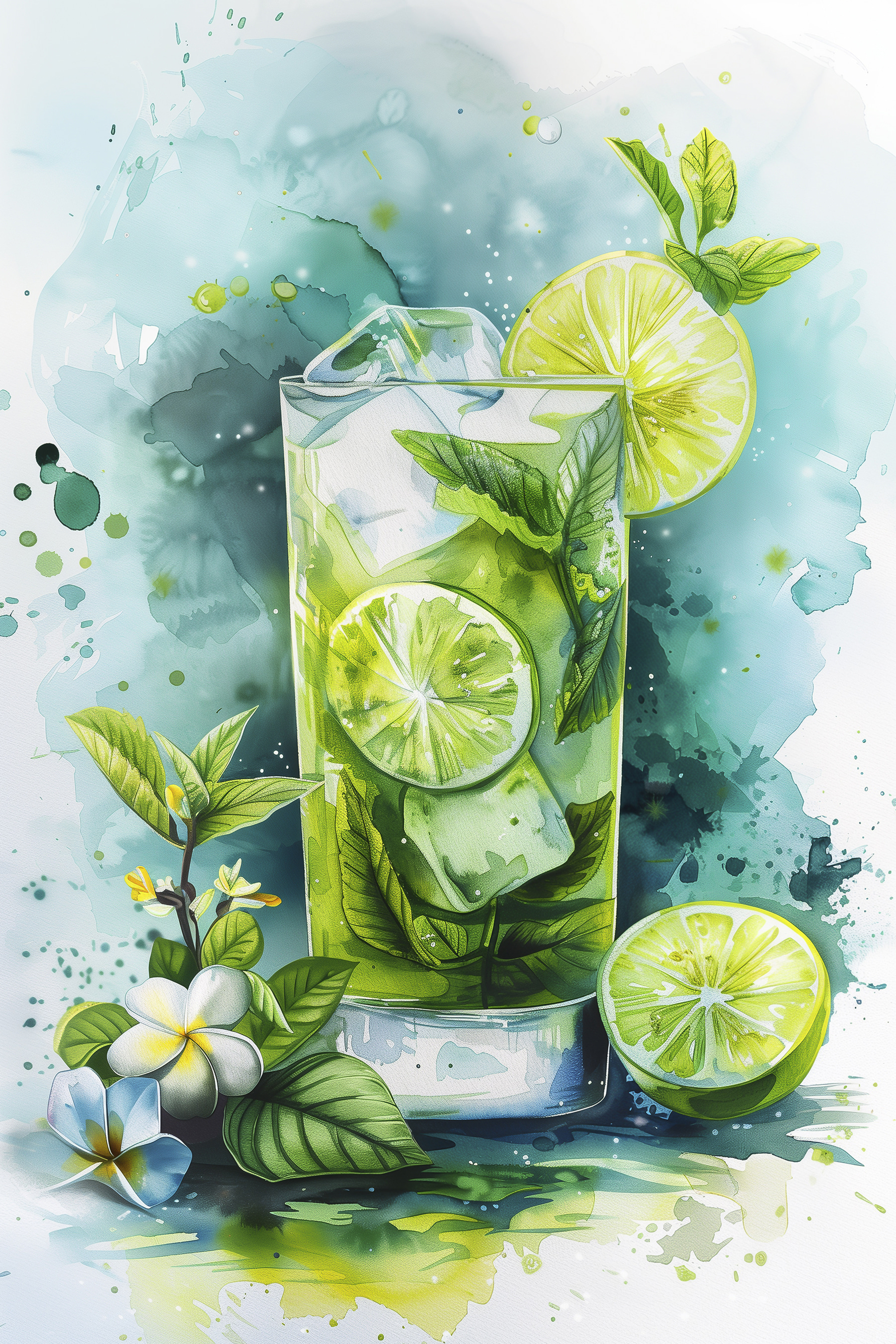 Watercolor of a drink with limes and leaves