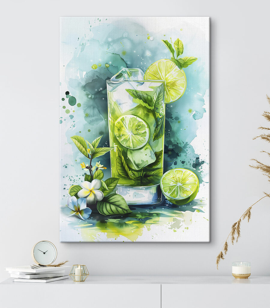 Akvarell egy ital lime-mal és levelekkel