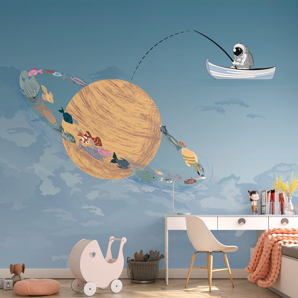 Cartoon of a man fishing in a boat in the sky