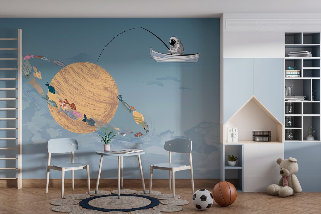 Cartoon of a man fishing in a boat in the sky
