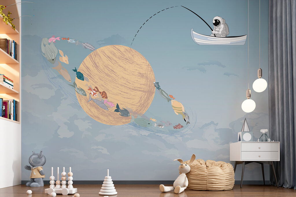 Cartoon of a man fishing in a boat in the sky