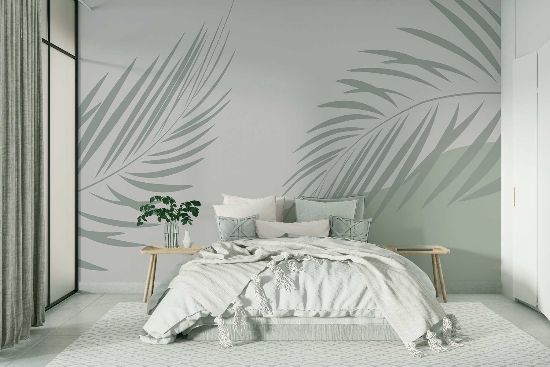Palm leaves on a grey background
