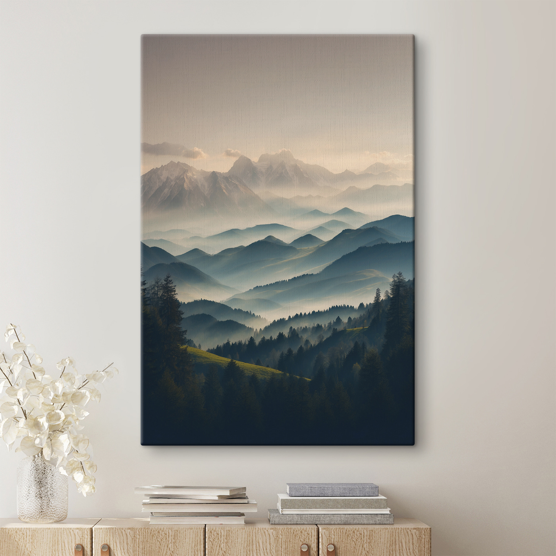Mountain range with trees and fog