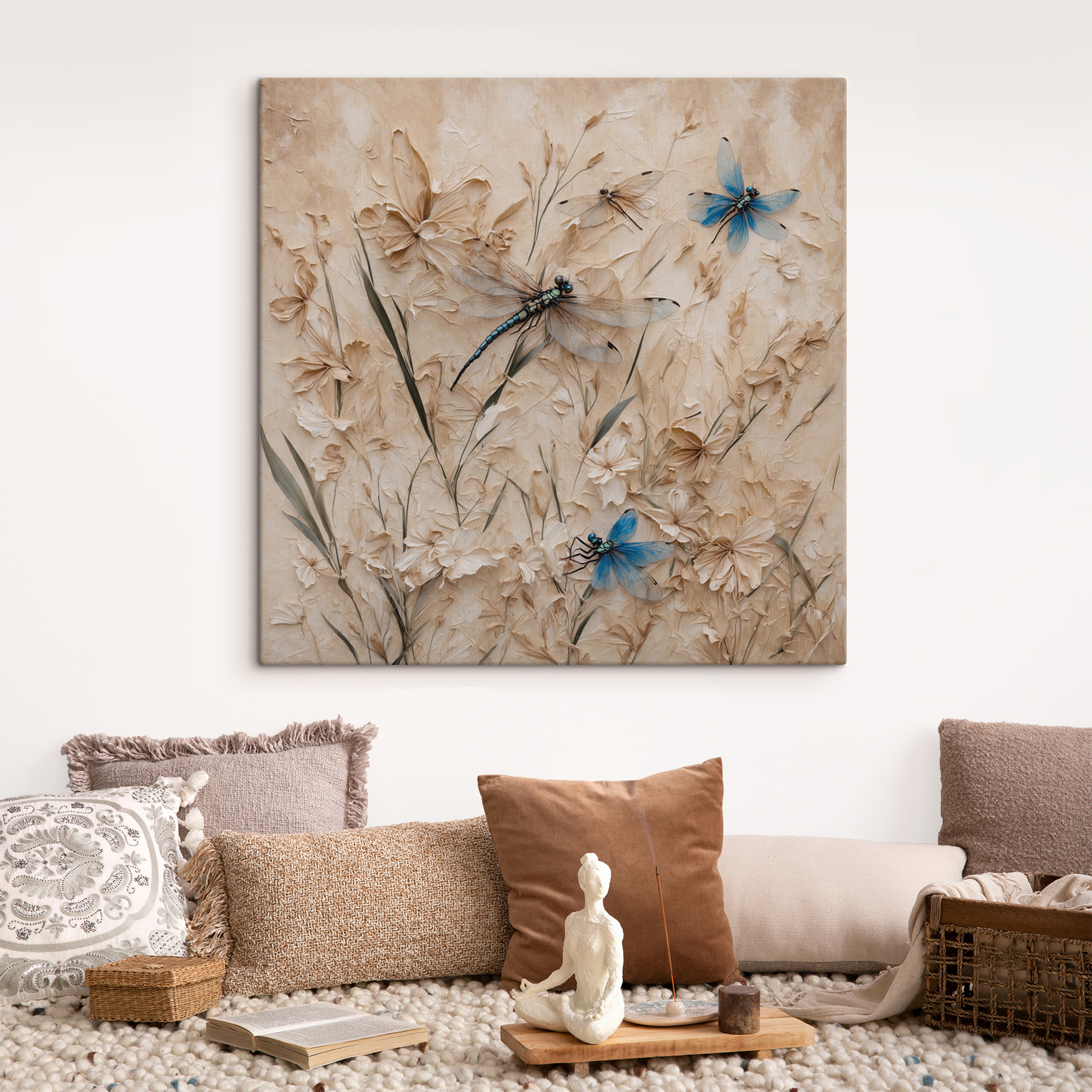 Dragonflies and flowers on a wall