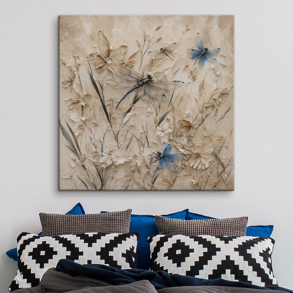 Dragonflies and flowers on a wall