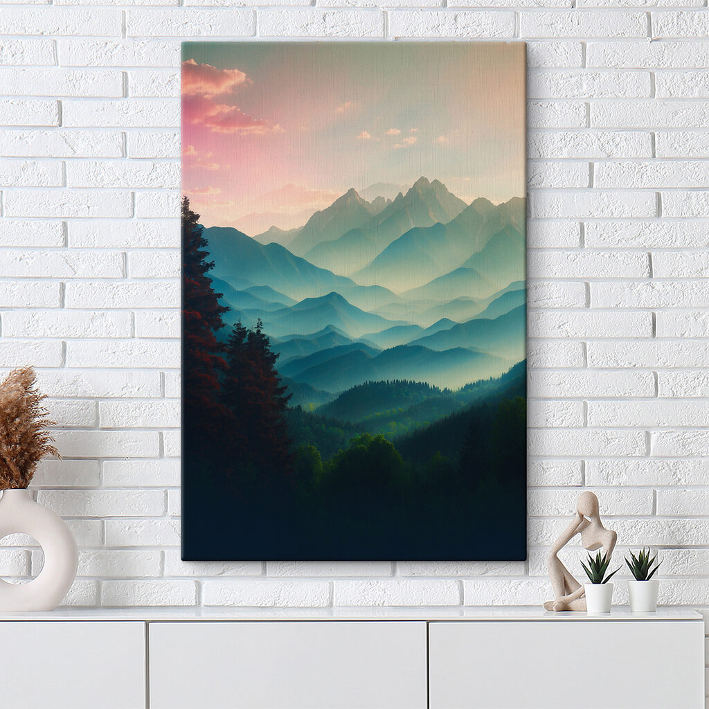 Mountain range with trees and clouds