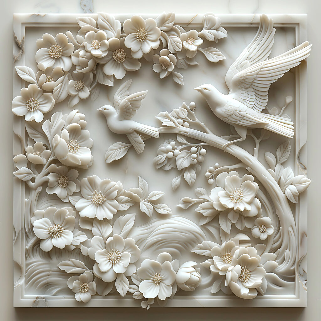 White sculpture of birds and flowers White sculpture of birds and flowers